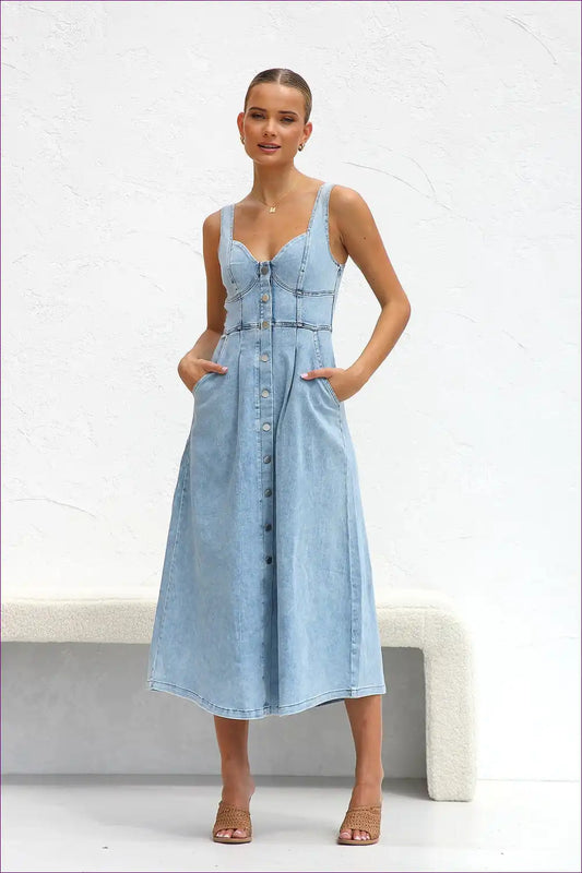 Midi Dress with Button Front - Summer Daytime Ease for A-line, Casual, Cotton, Dress, Everyday