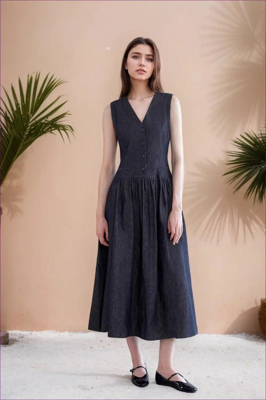 Midi Dress with Button Front - Timeless Chic for A-line, All Season, Casual, Dress, Everyday