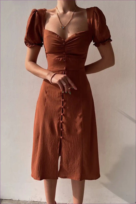 Midi Dress with Button Front - Vintage Romance for A-line, All Season, Autumn, Dress, Everyday
