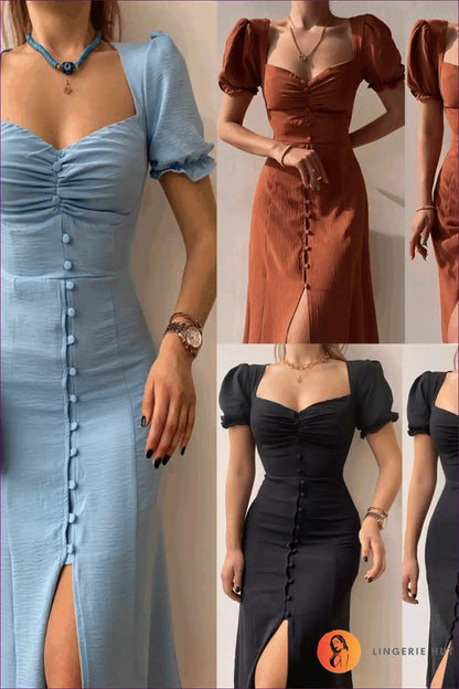 Midi Dress with Button Front - Vintage Romance for A-line, All Season, Autumn, Dress, Everyday
