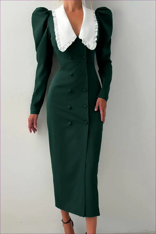 Midi Dress with Contrast Collar Detail - Academic Grace for A-line, All Season, Casual, Dress, Everyday