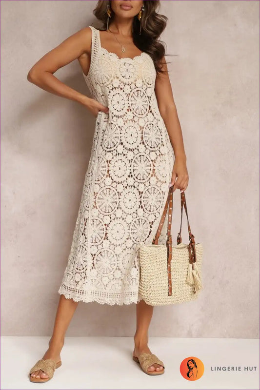 Midi Dress with Crochet Lace Detail - Effortless Romance for A-line, Casual, Cotton, Crochet,