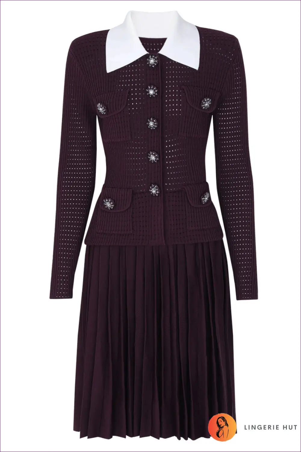 Collared Midi Dress with Crystal Buttons - Understated Glamour - s / Wine Red Short - Dresses - All Season • Autumn