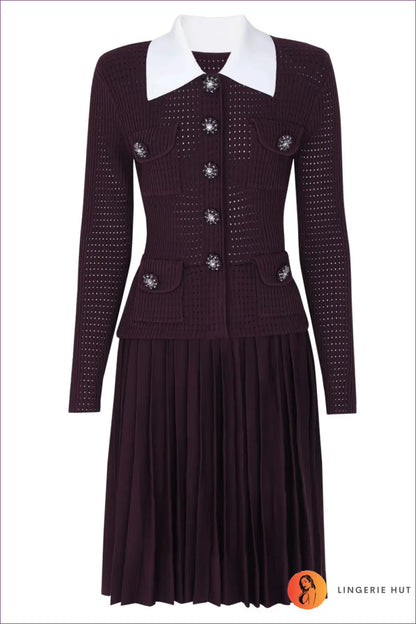 Collared Midi Dress with Crystal Buttons - Understated Glamour - s / Wine Red Short - Dresses - All Season • Autumn