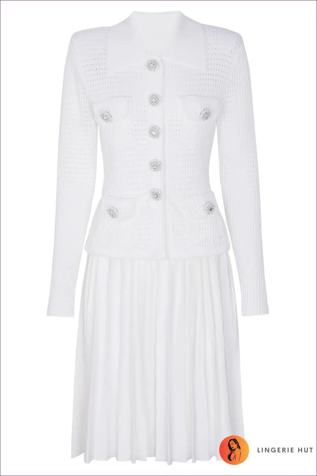 Collared Midi Dress with Crystal Buttons - Understated Glamour