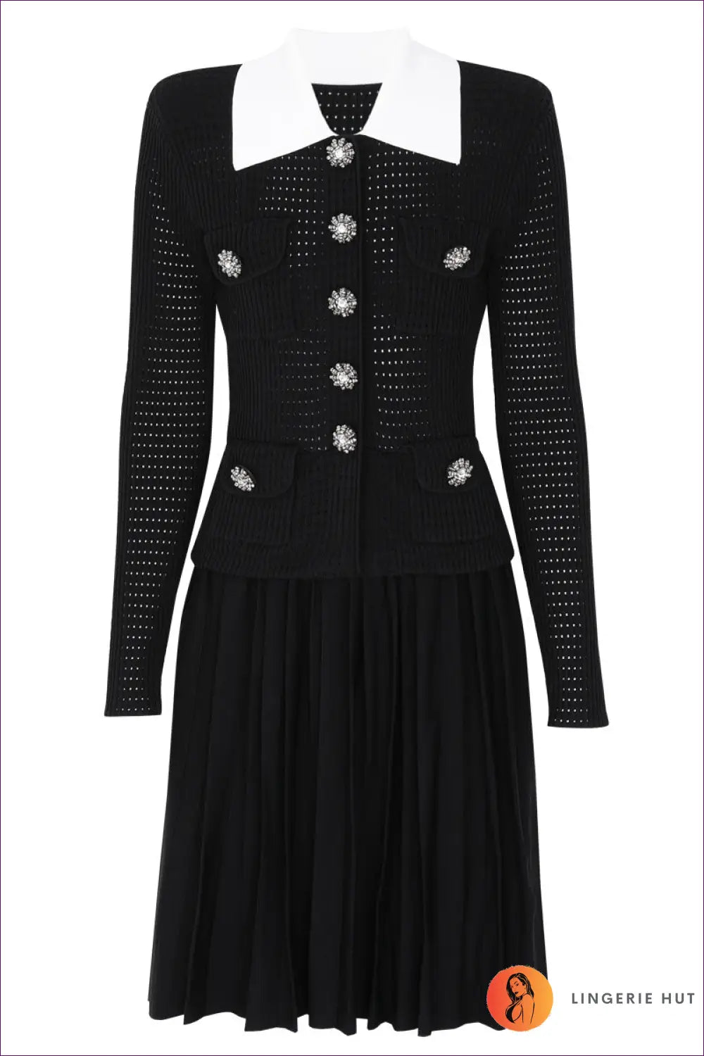 Collared Midi Dress with Crystal Buttons - Understated Glamour - s / Black Short - Dresses - All Season • Autumn