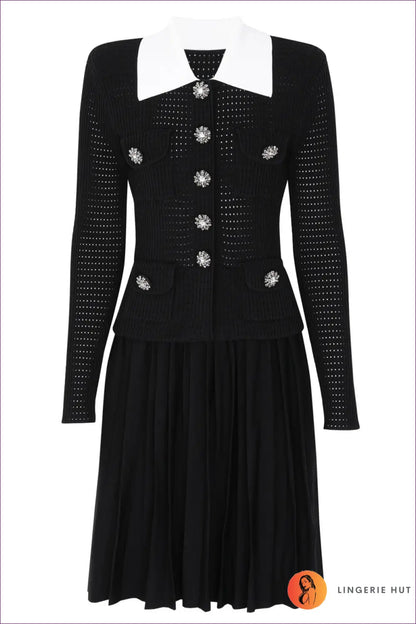 Collared Midi Dress with Crystal Buttons - Understated Glamour - s / Black Short - Dresses - All Season • Autumn