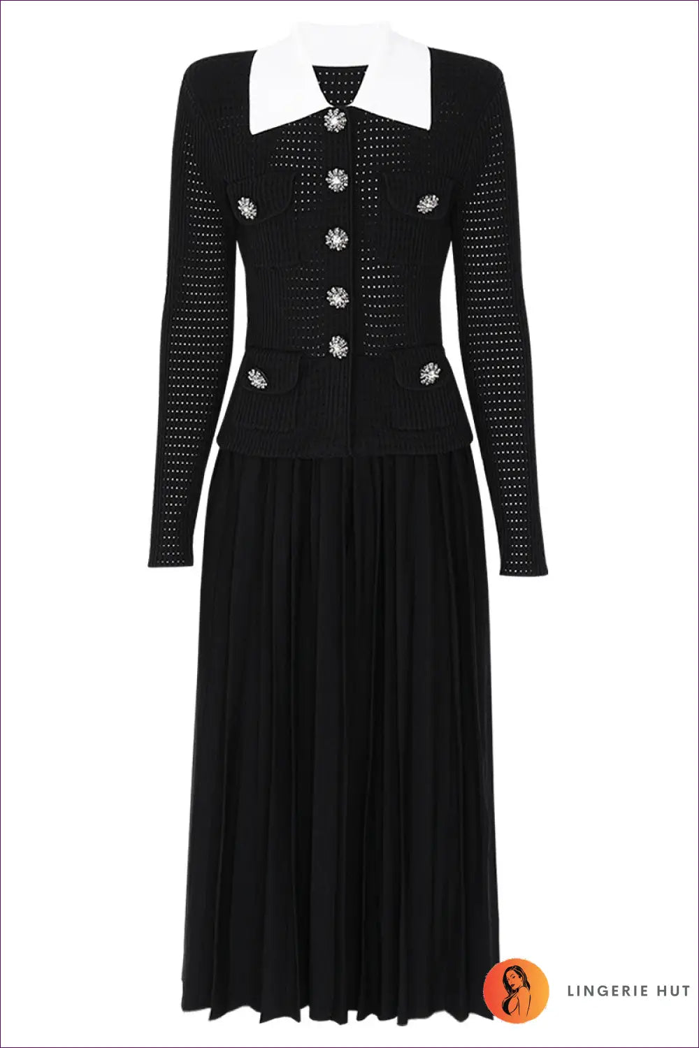 Collared Midi Dress with Crystal Buttons - Understated Glamour - s / Black Long - Dresses - All Season • Autumn