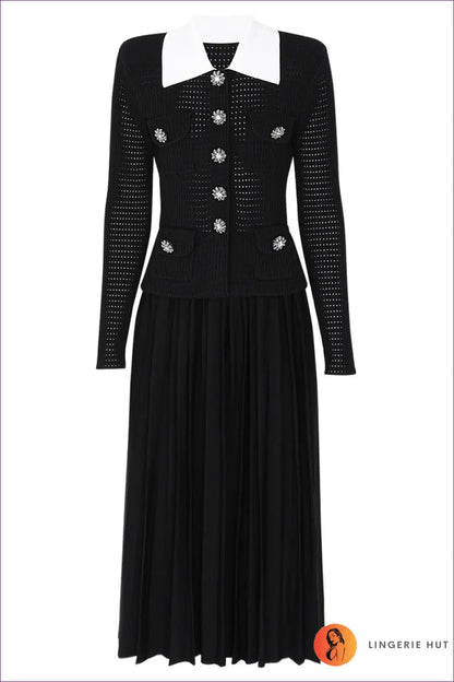 Collared Midi Dress with Crystal Buttons - Understated Glamour - s / Black Long - Dresses - All Season • Autumn