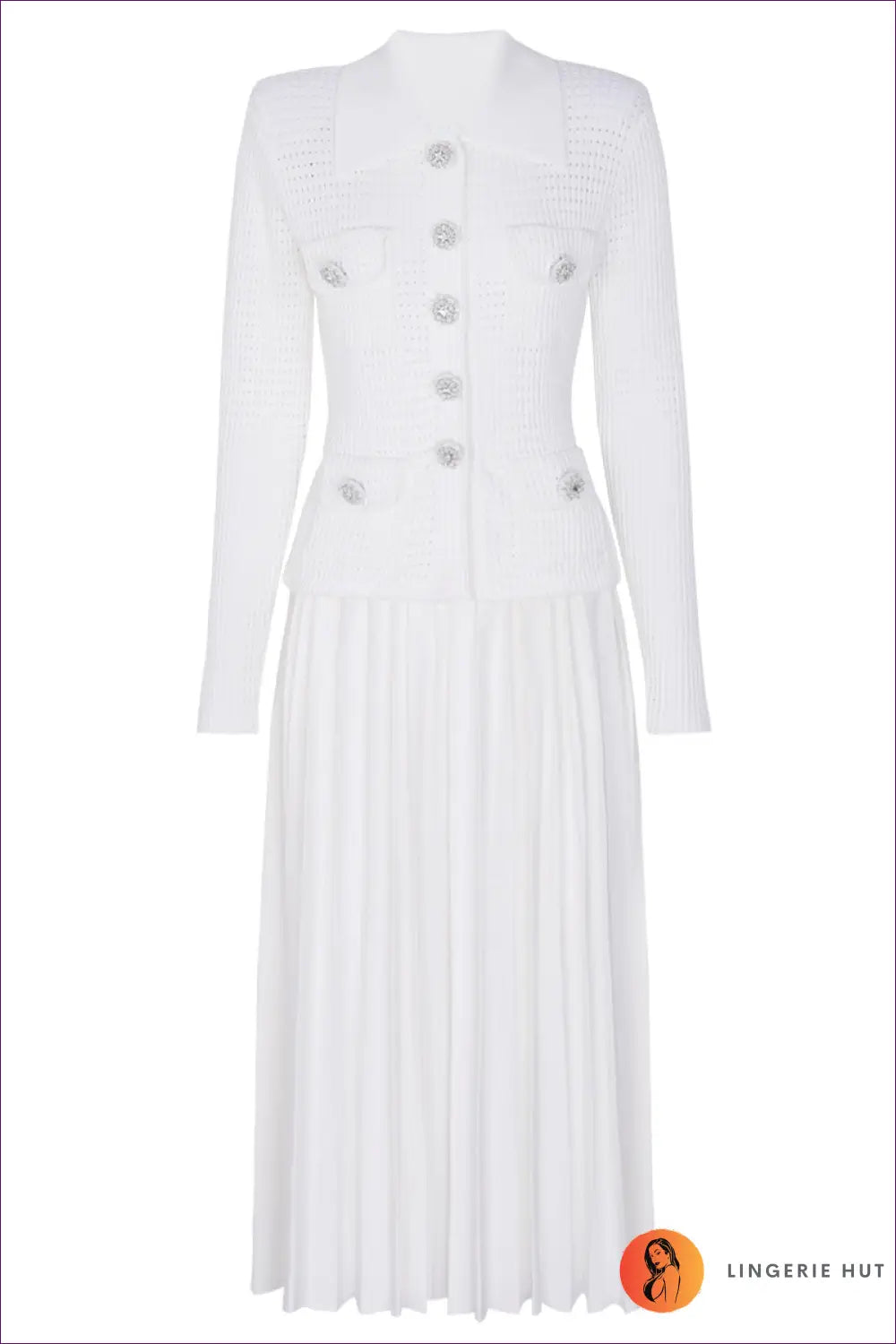 Collared Midi Dress with Crystal Buttons - Understated Glamour - s / White Long Style - Dresses - All Season • Autumn