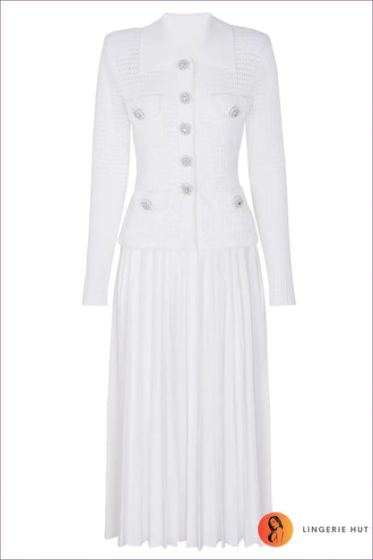 Collared Midi Dress with Crystal Buttons - Understated Glamour - s / White Long Style - Dresses - All Season • Autumn