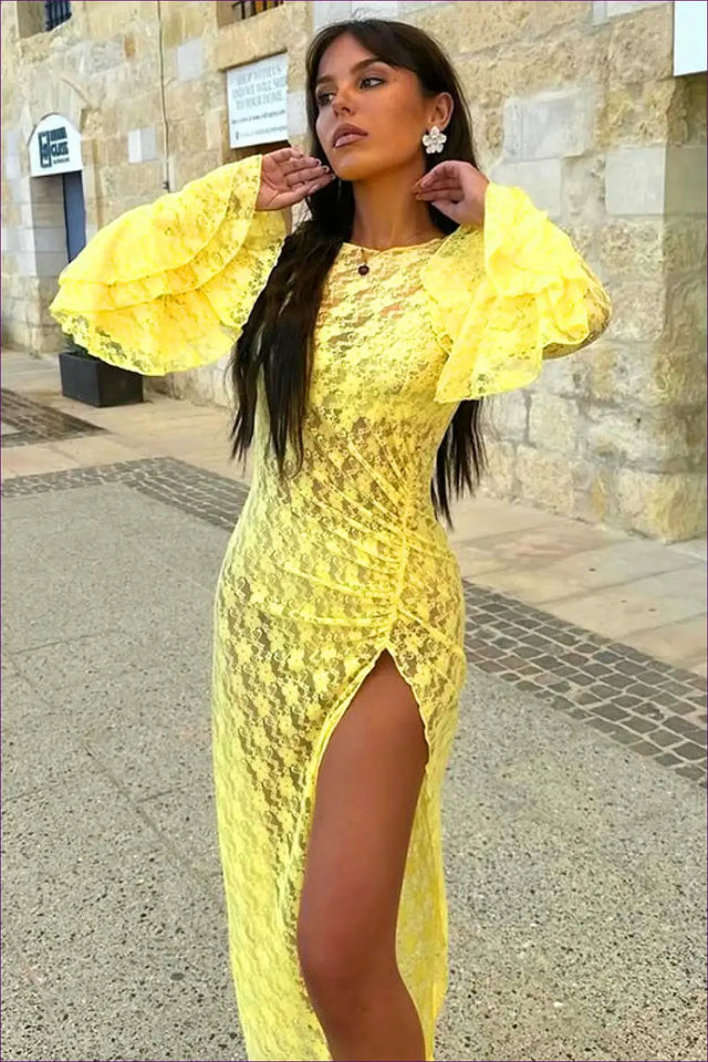 Lace Midi Dress with Dramatic Sleeves - Understated Glamour