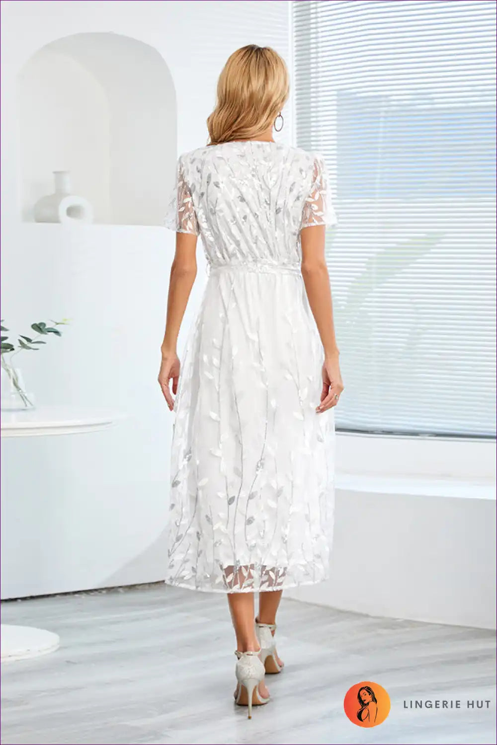 Midi Dress with Embroidered Mesh - Garden Party Grace for A-line, Boho, Casual, Dress, Floral