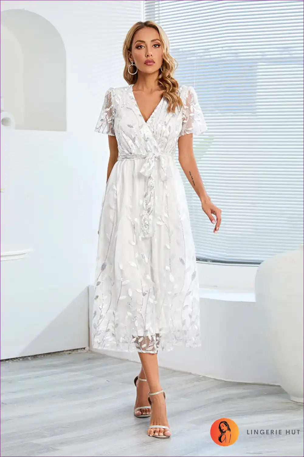 Midi Dress with Embroidered Mesh - Garden Party Grace for A-line, Boho, Casual, Dress, Floral