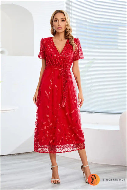 Midi Dress with Embroidered Mesh - Garden Party Grace for A-line, Boho, Casual, Dress, Floral