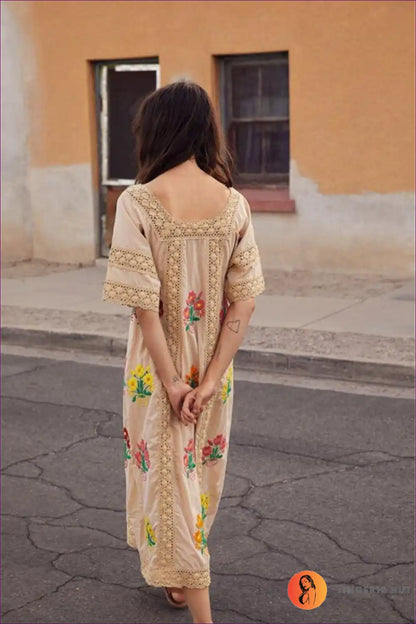 Midi Dress with Floral Embroidery - Artisan Elegance for A-line, All Season, Autumn, Boho, Casual