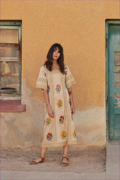 Midi Dress with Floral Embroidery - Artisan Elegance for A-line, All Season, Autumn, Boho, Casual