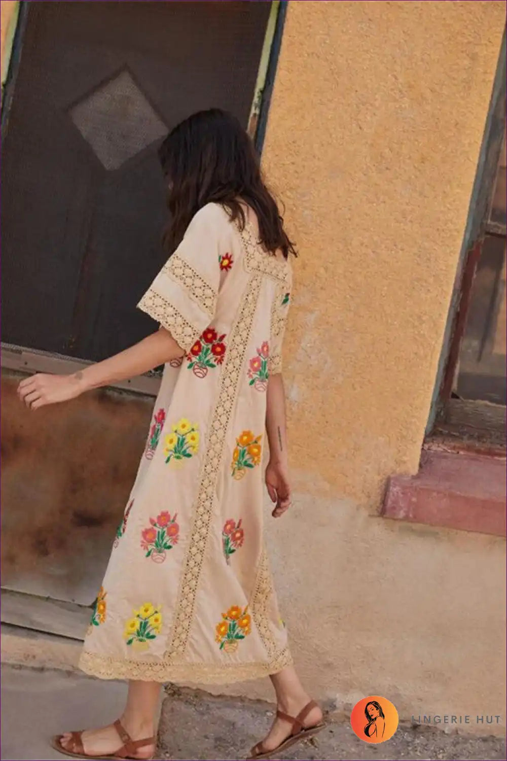 Midi Dress with Floral Embroidery - Artisan Elegance for A-line, All Season, Autumn, Boho, Casual