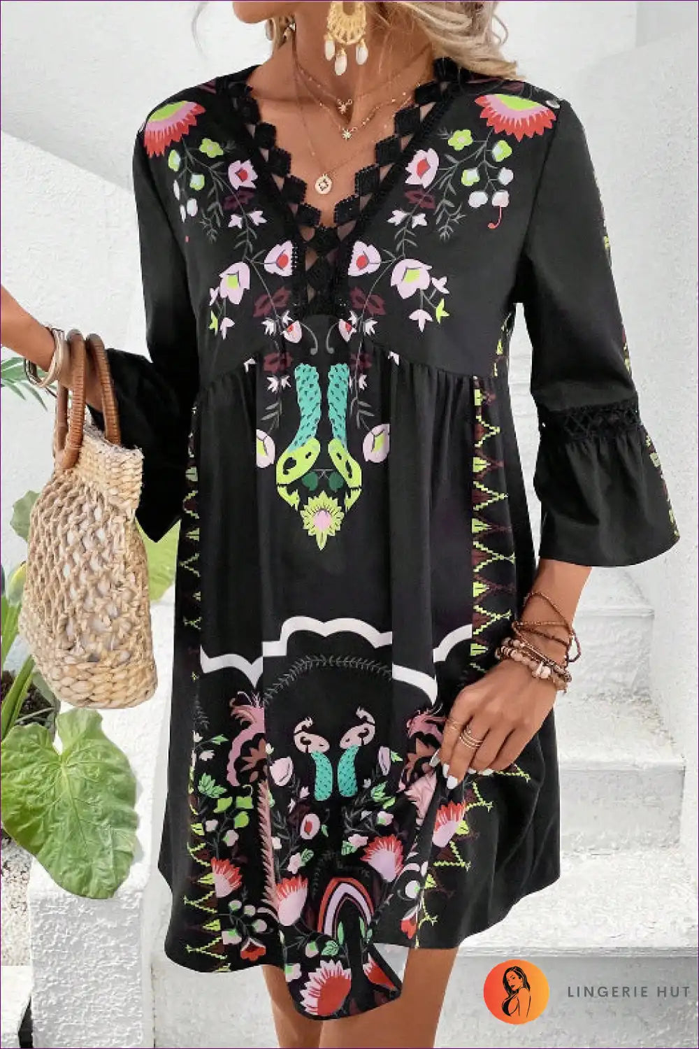 Midi Dress with Floral Embroidery - Bohemian Romance for A-line, All Season, Boho, Casual,