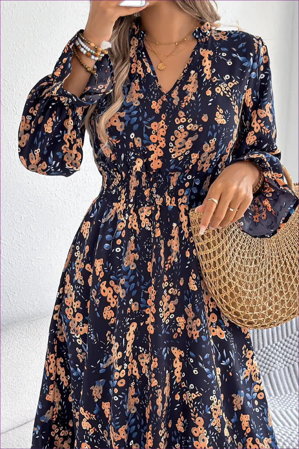Midi Dress with Floral Motifs - Bohemian Wanderlust for A-line, All Season, Boho, Casual,