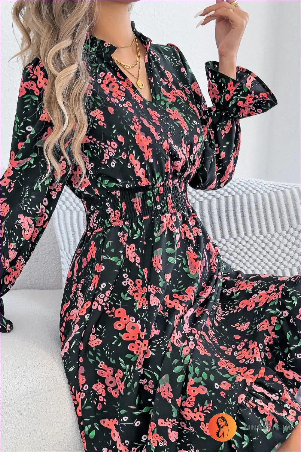 Midi Dress with Floral Motifs - Bohemian Wanderlust for A-line, All Season, Boho, Casual,