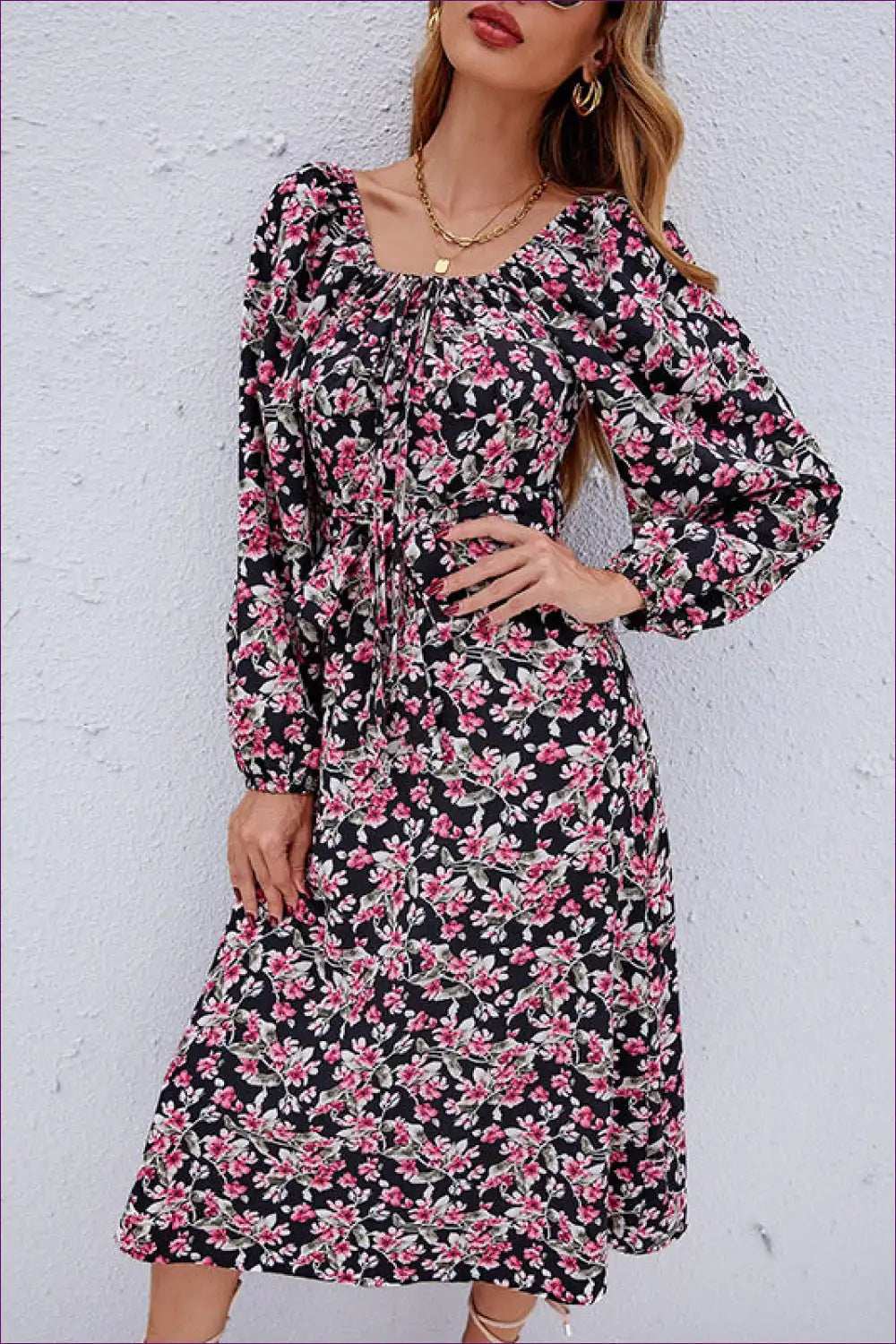 Midi Dress with Floral Print and Bubble Sleeves - Vintage Romance Mood for a Line, Boho, Dress, Dresses,