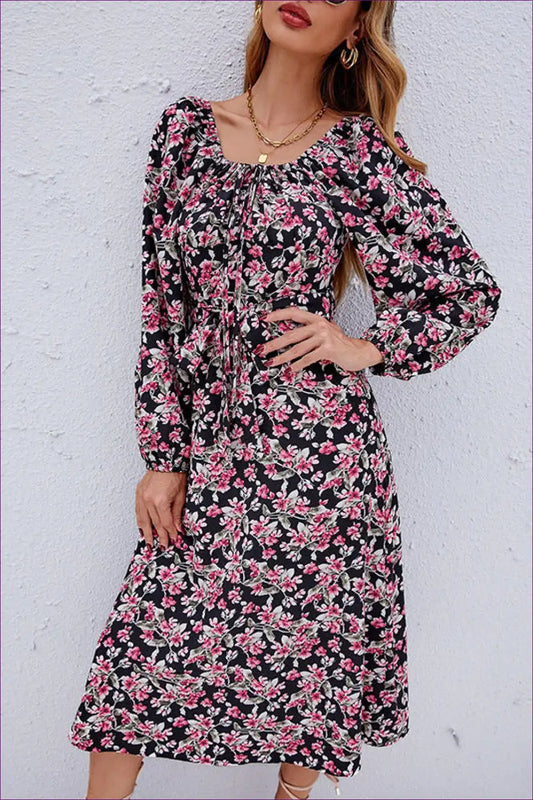 Midi Dress with Floral Print and Bubble Sleeves - Vintage Romance Mood for a Line, Boho, Dress, Dresses,