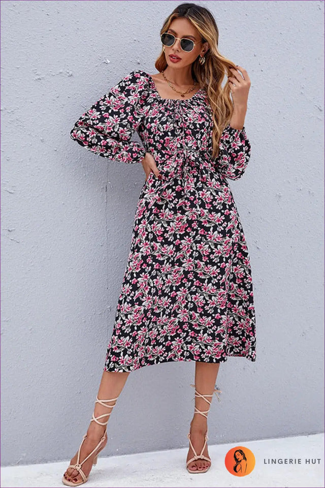Floral Midi Dress with Bubble Sleeves - Garden Party Ready
