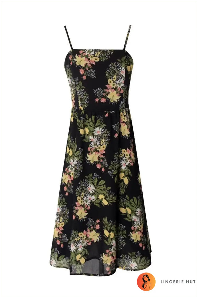 Floral Midi Dress with Sweetheart Bodice - Evening Garden Elegance