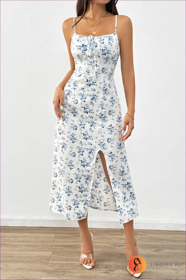 Floral Midi Dress with Lace-Up Bust - Garden Party Ready