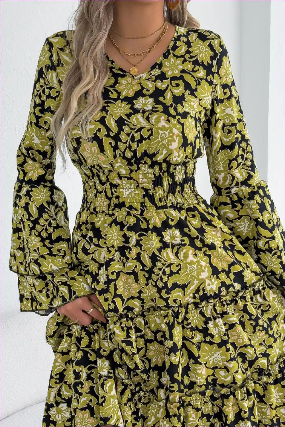 Midi Dress with Floral Print - Garden Party Grace for A-line, Boho, Casual, Chiffon,