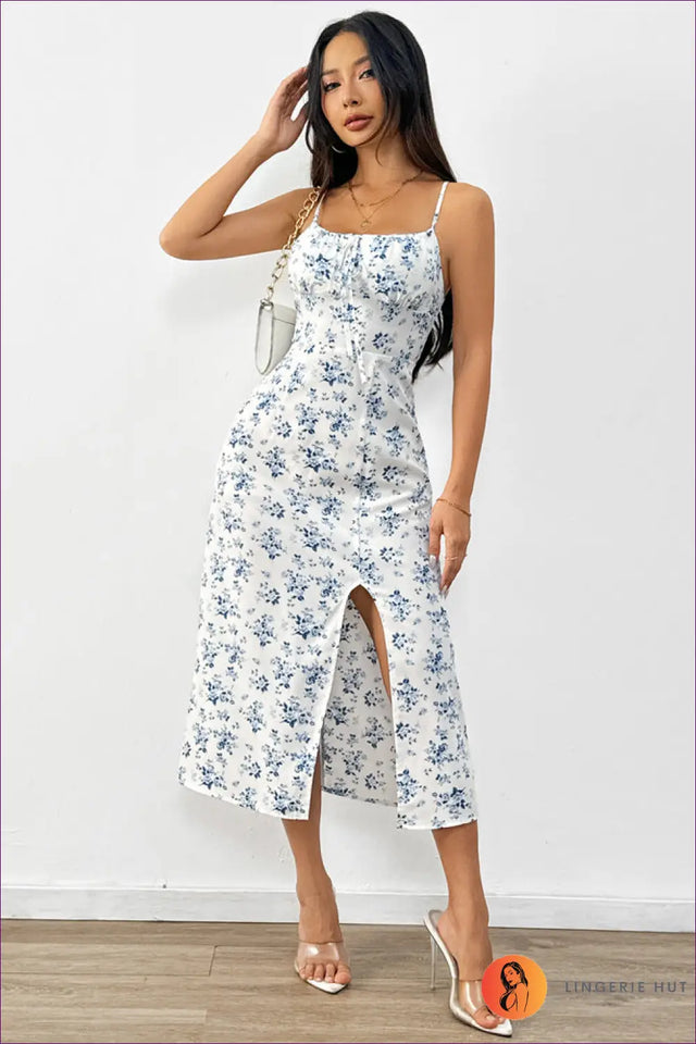 Floral Midi Dress with Lace-Up Bust - Garden Party Ready