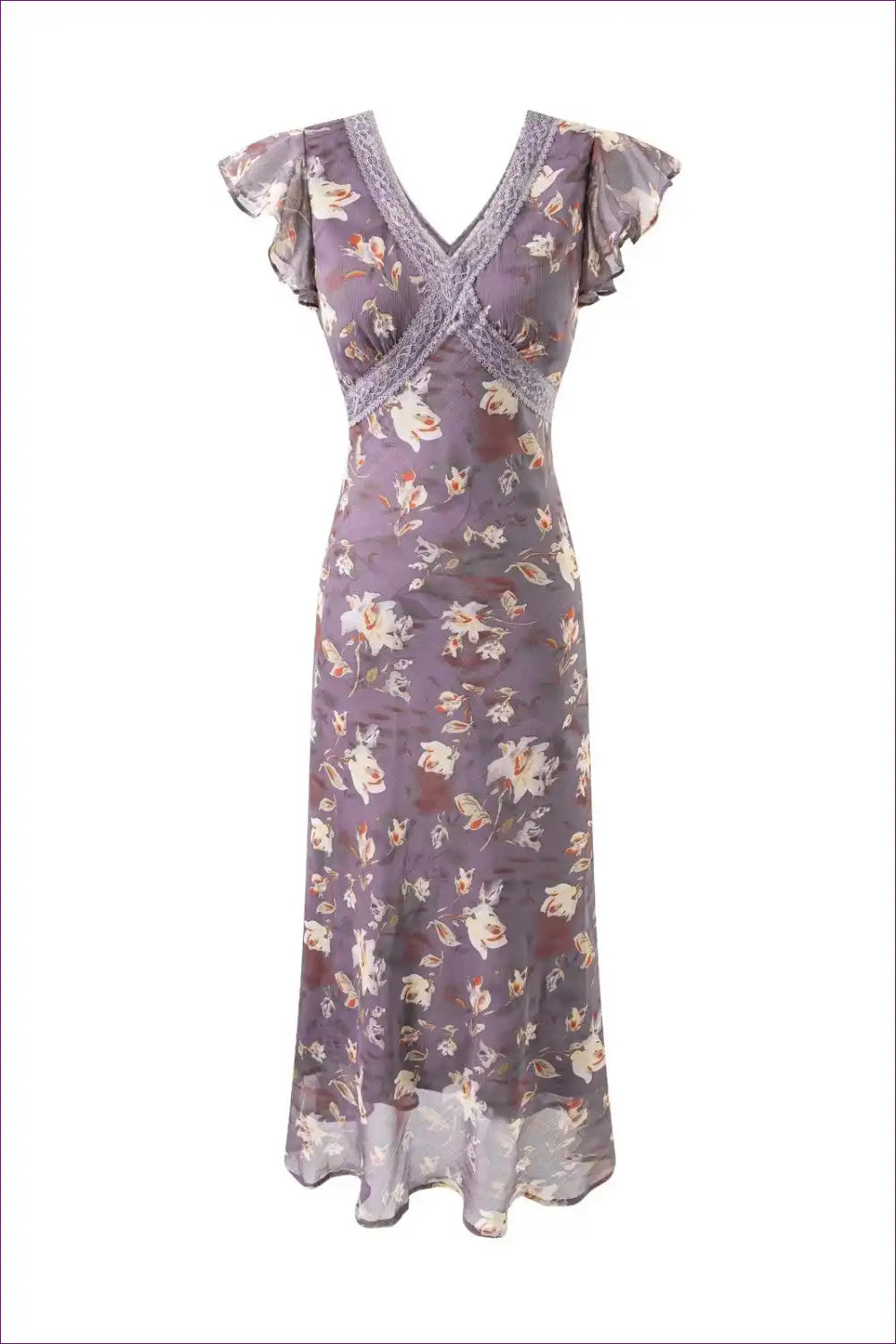 Midi Dress with Flutter Sleeves - Garden Party Elegance for A-line, Chiffon, Dress, Floral, Formal Wear