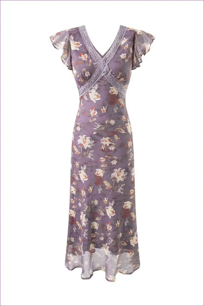Midi Dress with Flutter Sleeves - Garden Party Elegance for A-line, Chiffon, Dress, Floral, Formal Wear