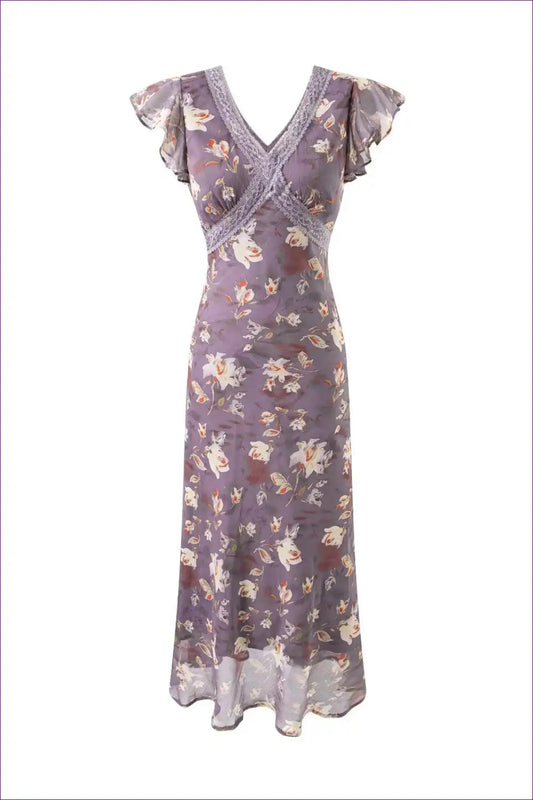Midi Dress with Flutter Sleeves - Garden Party Elegance for A-line, Chiffon, Dress, Floral, Formal Wear
