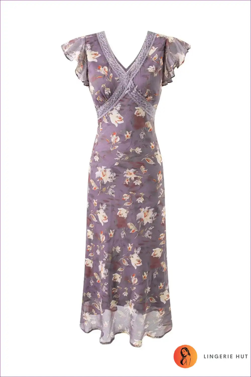 Midi Dress with Flutter Sleeves - Garden Party Elegance for A-line, Chiffon, Dress, Floral, Formal Wear