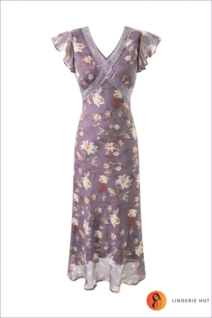 Midi Dress with Flutter Sleeves - Garden Party Elegance for A-line, Chiffon, Dress, Floral, Formal Wear