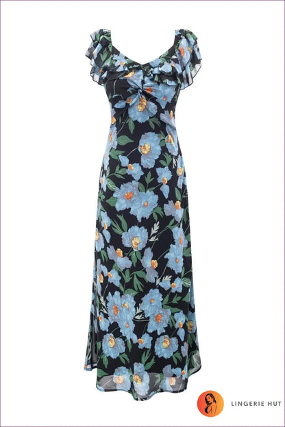Midi Dress with Flutter Sleeves - Summer Soirée Ready - s / Blue - Dresses - Lingerie Hut - A-line • Casual • Floral