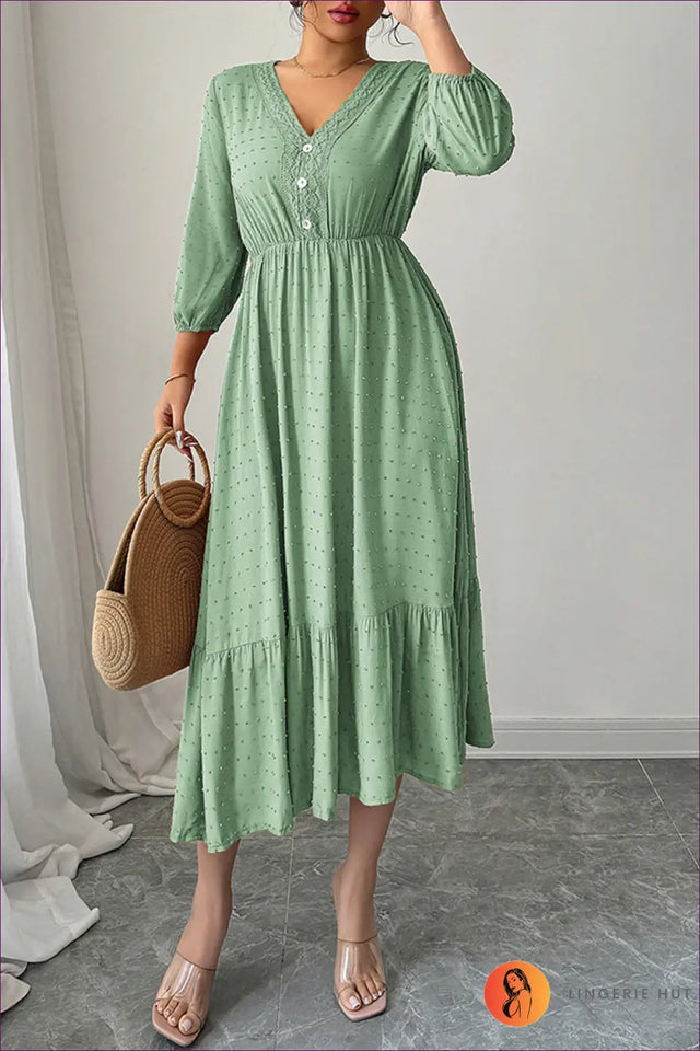 Midi Dress with Lace Trim and Gathered Waist - Romantic