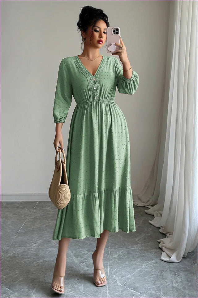 Midi Dress with Lace Trim and Gathered Waist - Romantic