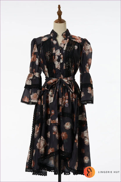 Midi Dress with Lace Trim and Waist Tie - Vintage Romance Mood - m / Black - Dresses - Lingerie Hut - A-line • Animal