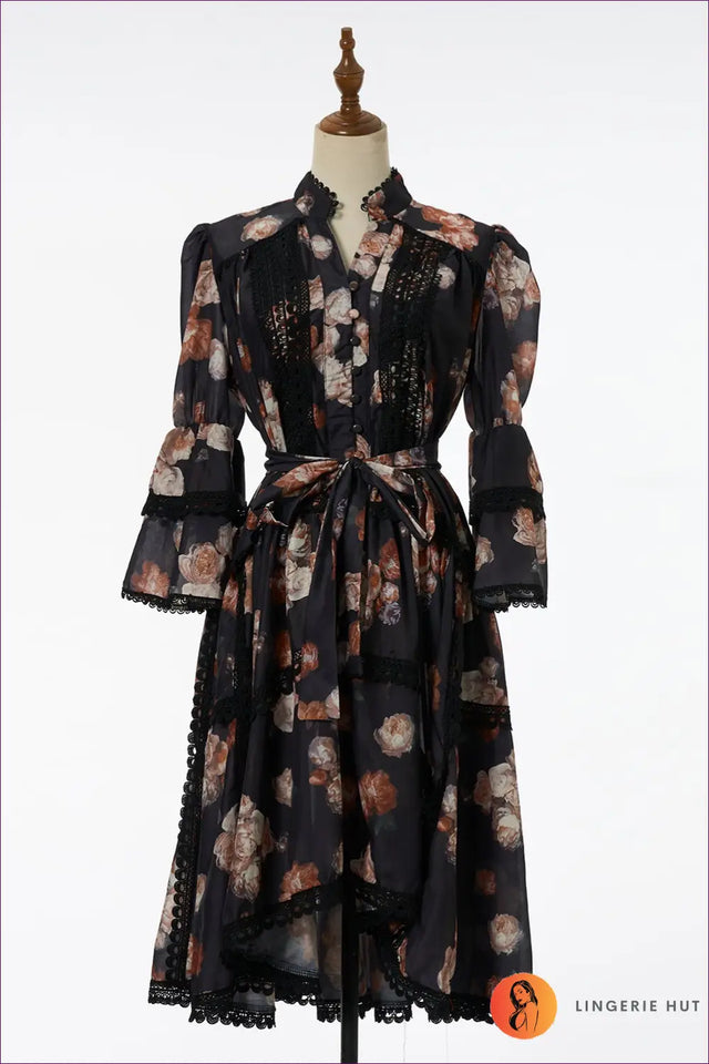 Midi Dress with Lace Trim and Waist Tie - Vintage Romance Mood