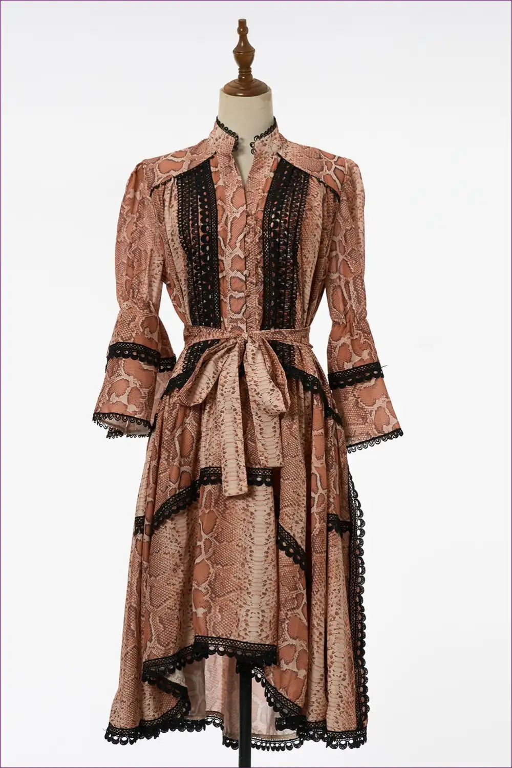 Midi Dress with Lace Trim and Waist Tie - Vintage Romance Mood for A-line, Animal, Autumn, Casual,