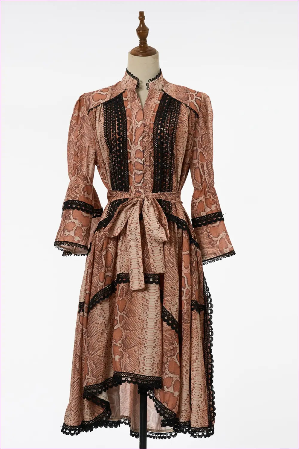 Midi Dress with Lace Trim and Waist Tie - Vintage Romance Mood - Dresses - Lingerie Hut - A-line • Animal • Autumn