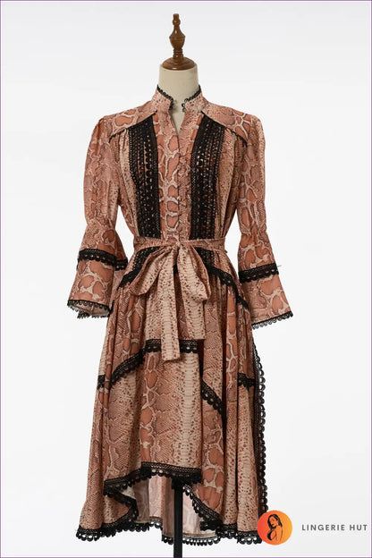 Midi Dress with Lace Trim and Waist Tie - Vintage Romance Mood - m / Multi - Dresses - Lingerie Hut - A-line • Animal