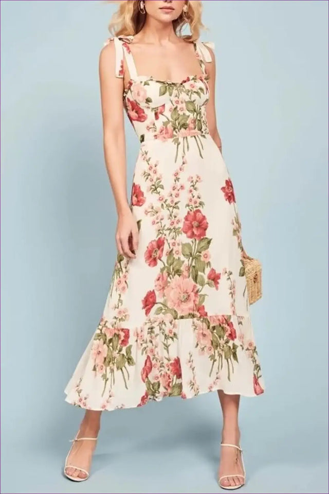 Floral Midi Dress with Lace-Up Detail - Garden Party Ready