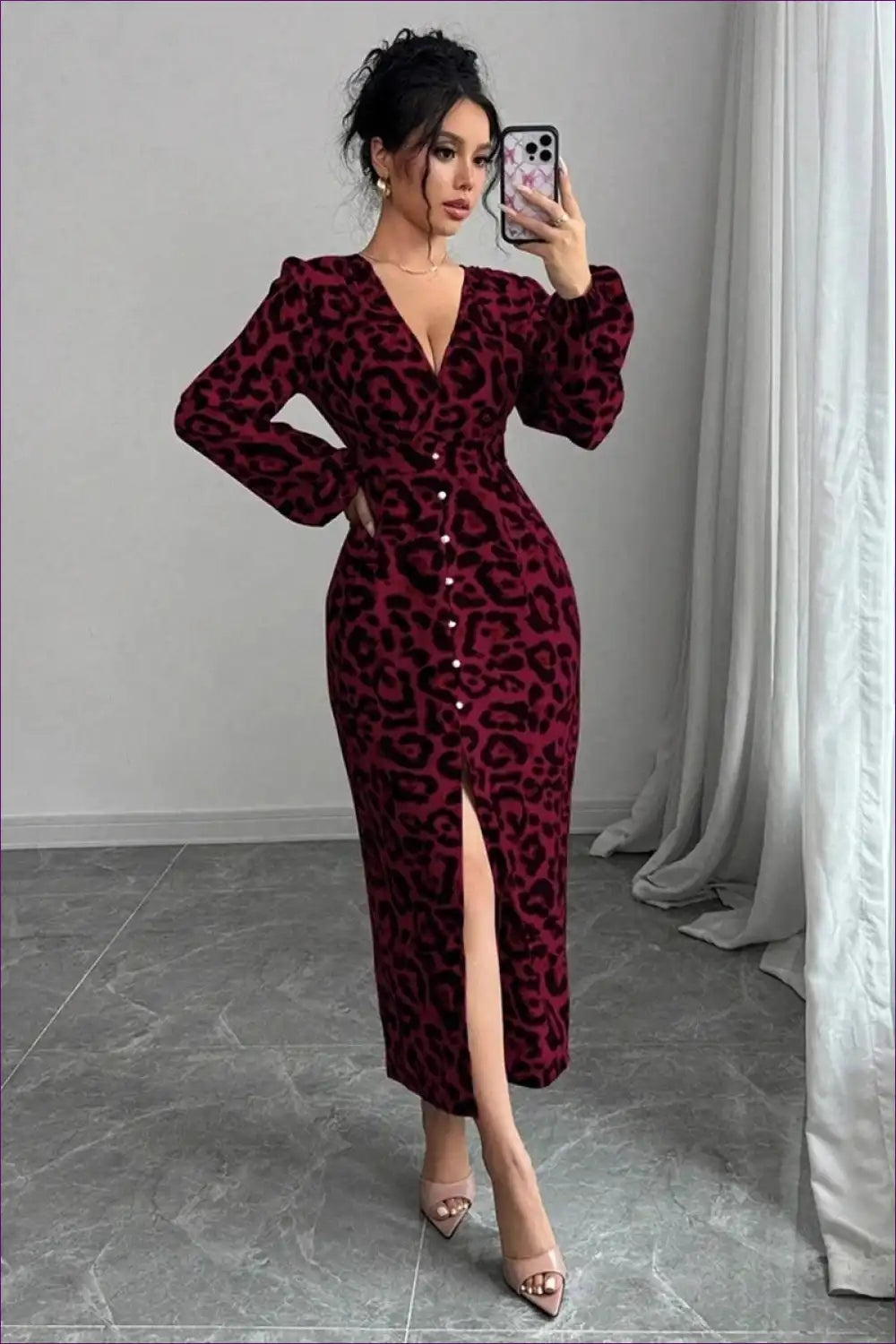 Midi Dress with Leopard Print and Split Front - Confident Glam for Animal, Autumn, Date Night, Dress, Dresses