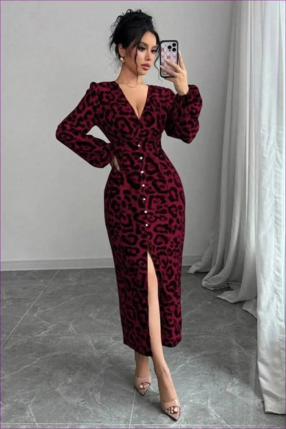 Midi Dress with Leopard Print and Split Front - Confident Glam for Animal, Autumn, Date Night, Dress, Dresses