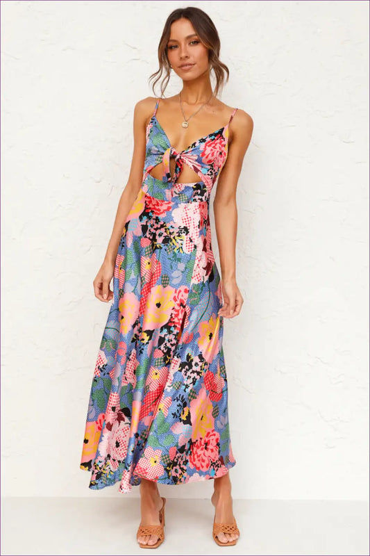 Midi Dress with Patchwork Print - Bohemian Artistry for A-line, Boho, Casual, Cutout,