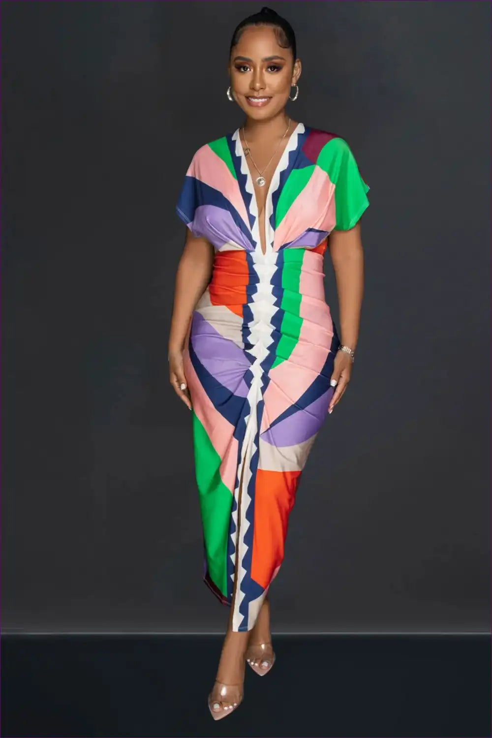 Midi Dress with Print Panels - Statement Making for A-line, All Season, Casual, Cutout,